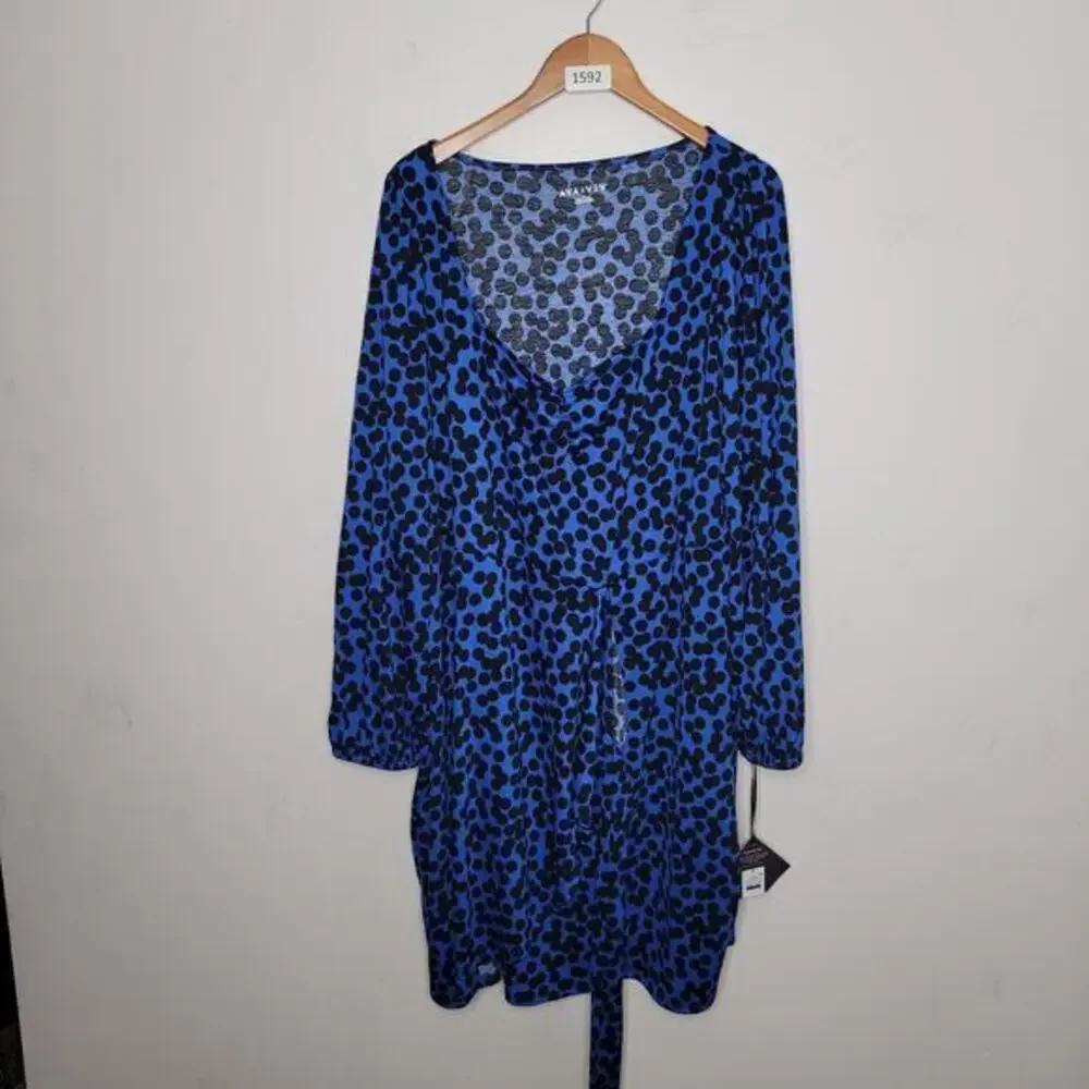 Ava & Viv Women Faux Wrap Dress Size 2X Balloon Sleeve Blue Black Balloon Sleeve